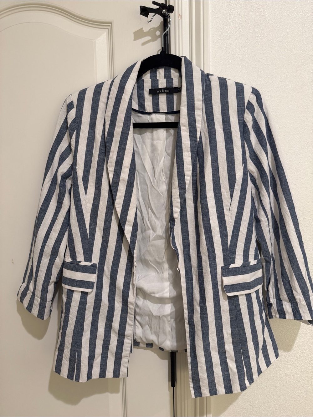 Ark & co cotton linen white blue stripe blazer size small